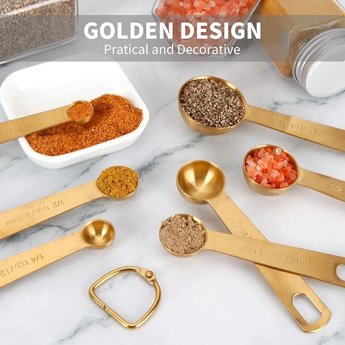 Measuring Spoons,304 Stainless Steel Measuring Cups & Spoon Set of 7 Piece:1Tbsp&1/2Tbsp,1tsp,3/4tsp,1/2tsp,1/4tsp,1/8tsp Teaspoon Coffee Scoop Tablespoon for Dry and Liquid Ingredients,Gold