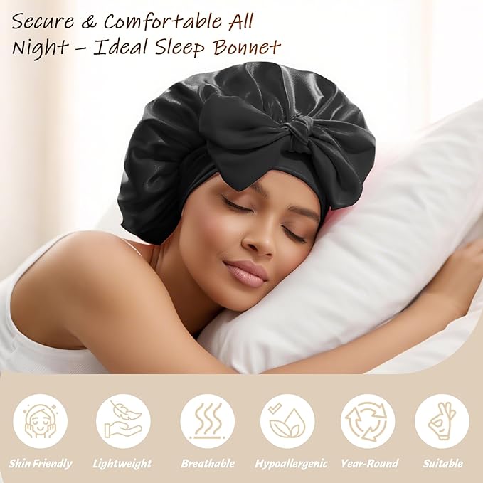 Silk Bonnet for Sleeping Women Satin Hair Cap with Tie Brand Curly Hair Sleep Protection Silk Head Wrap Double Layer - Black
