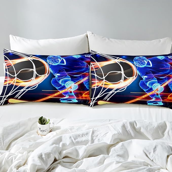 Castle Fairy Ice Hockey Duvet Cover King Size,Hockey Player Skating Bedding Set 3pcs for Teens Adults,Winter Sports Game Comforter Cover Soft Quilt Cover Room Decor,No Comforter