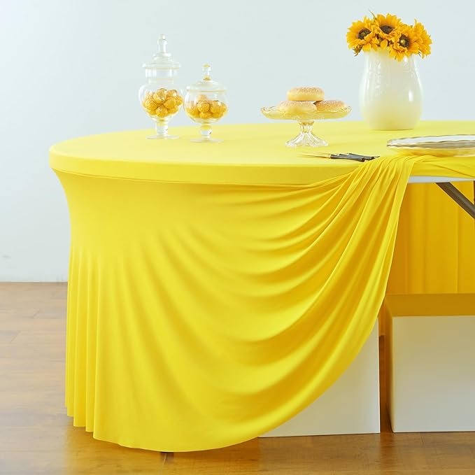 Outpain Spandex Round Tablecloths - 6 Pack Yellow, 72 inch Fitted Table Cloths with Skirt - Wrinkle Free for Wedding Party Dining Banquet