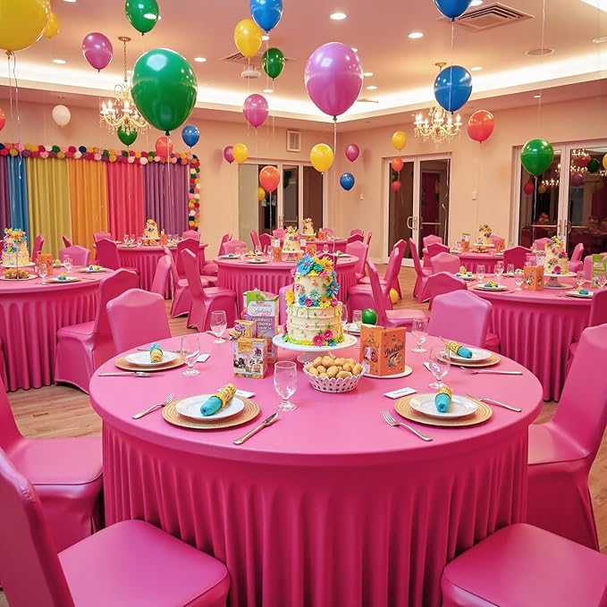 Outpain 8 Pack Hot Pink 72inch Spandex Round Tablecloths, Stretchy 132inch Fitted 6FT Round Table Cloths, Wrinkle Free Table Cover with Skirt for Wedding Party Dining Banquet