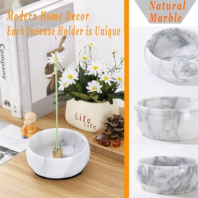 Marble Incense Holder, 9 Hole Burner for Meditation, Natural White & Grey Ash Grabber - Birthday Gift for Mom
