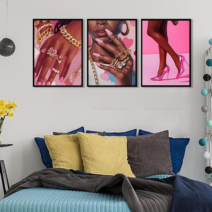 ANVOTIG Pink Fashion Black Girl Canvas Wall Art Set of 3 Black Woman African American Wall Decor Pictures Gorgeous Black Women Artwork Posters Prints for Living Room Bedroom Bathroom 16x24In Unframed