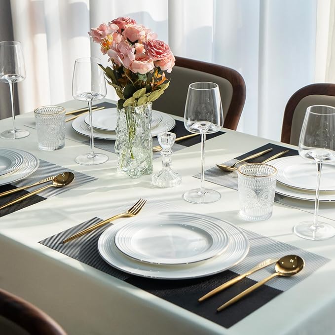 Placemats Set of 12 Vinyl/Plastic Woven Place Mats for Kitchen Table Indoor/Outdoor Washable Placemat Wipeable Dining Table Mats (Grey Grid,12)