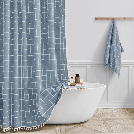 BTTN Stall Shower Curtain - 60x84 Long Boho Farmhouse Linen Weighted Fabric Cloth Shower Curtain Set with 10 Plastic Hooks, Narrow Bohemian Country Decorative Thick Shower Curtains for Bathroom - Blue