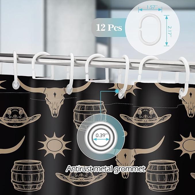 Aimego Western Bull Skull Shower Curtain - Black and Gold Cow Boho Southwest Cowboy Ethnic Tribal Country Farmhouse Fabric Cloth Shower Curtains Set with 12 Hooks for Bathroom Decor, 72"x72"