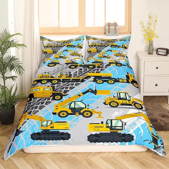 Feelyou Construction Duvet Cover Set Excavator Tractor Truck Comforter Cover for Kids Boys Girls Construction Vehicle Bedding Set 1 Duvet Cover & 2 Pillowcases