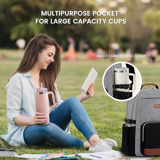 LOVEVOOK Laptop Backpack for Women with Pouch Pocket for Large Capacity Cup,17 Inch Teacher Nurse College Work Backpack Purse,Waterproof Laptop Bag Computer Back Pack for Travel, Grey-Black-Brown