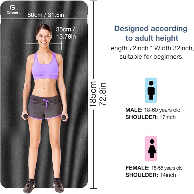 Yoga Mat Non Slip NBR Thick Yoga Mat, 72"L x 32"W x 0.6"TH (185cm x 80cm x 15mm), Anti-Tear Exercise Mat with Carrying Strap and Bag, Workout Mats for Yoga, Pilates and Floor Exercises