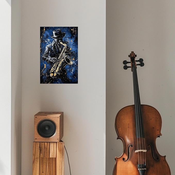 SWQYLB Black Music Wall Art Abstract Jazz Wall Decor African American Painting Canvas Musical Instruments Pictures Classroom Music Men Room Decor Framed (Blue, (12.00" x 18.00"))
