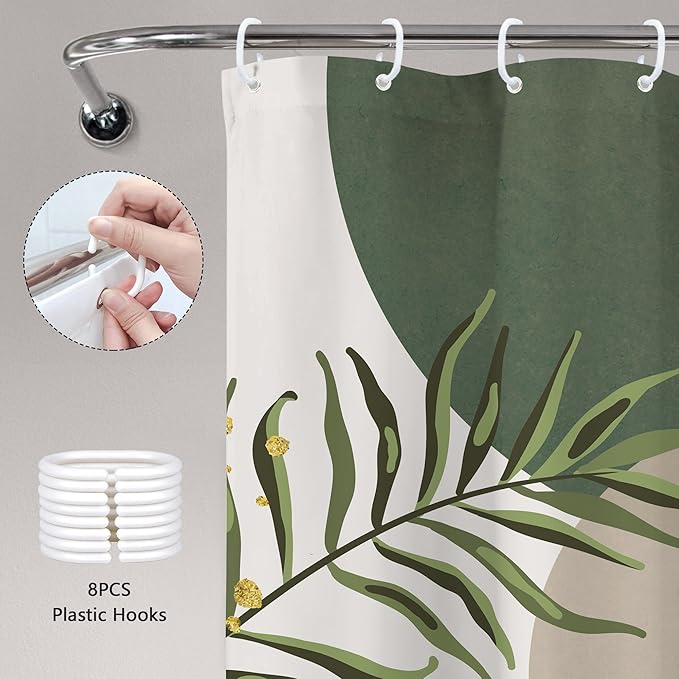 Stall Small Boho Shower Curtain 48Wx72H Rv Sage Green Modern Bohemian Abstract Leaves Mid Century Plant Half Narrow Bathroom Decor Minimalist Geometric Bath Curtain Fabric Polyester 8 Pack Hook