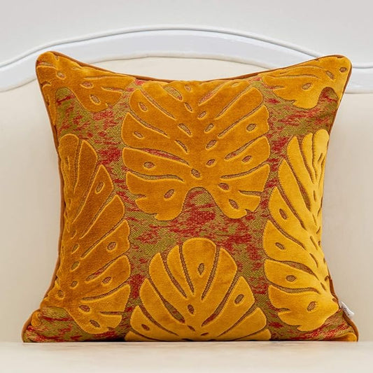 Alerfa 18 x 18 Inch Square Leaf Pillow Embroidery Cut Velvet Cushion Case Luxury Modern Lumbar Throw Pillow Cover Decorative Pillow for Couch Sofa Living Room Bedroom Car, Orange