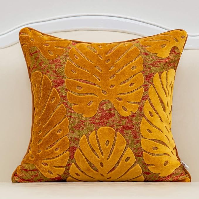Alerfa 20 x 20 Inch Square Leaf Pillow Embroidery Cut Velvet Cushion Case Luxury Modern Lumbar Throw Pillow Cover Decorative Pillow for Couch Sofa Living Room Bedroom Car, Orange