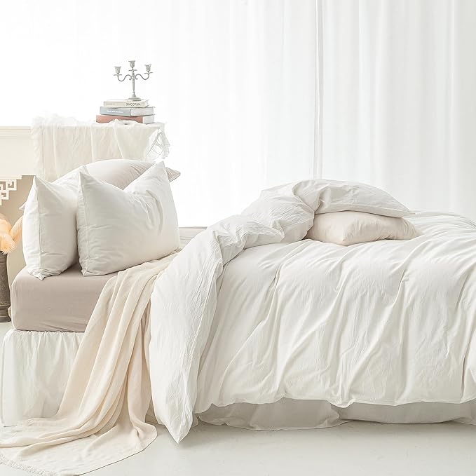 FOSSA Duvet Cover Set 100% Washed Cotton Linen Feel Super Soft Breathable Cozy 3 Pieces Bedding Sets Solid Off White California King