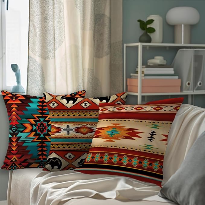 Native American Throw Pillow Covers Set of 6, Western Rustic Burnt Orange Home Decor Outdoor Tribal Ethnic Farmhouse Navajo Decorative Cushion Case 18"X18"