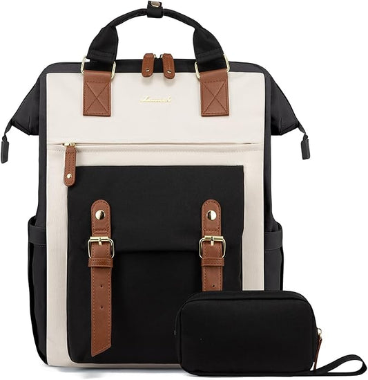 LOVEVOOK 17 Inch Laptop Backpack for Women Work Travel Backpacks Purse, Nurse Bag Teacher Business Laptop Computer Bag, Fashion College Backpack Casual Daypack, Black-Beige-Brown