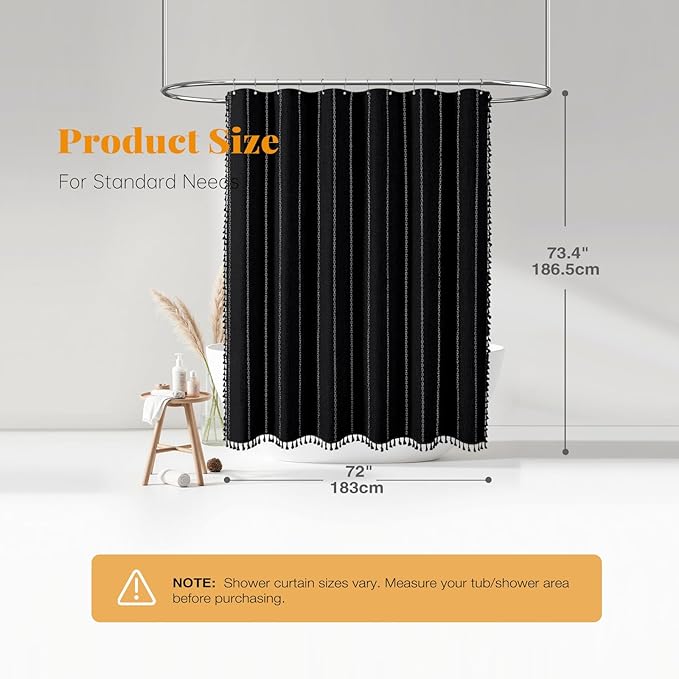BTTN Boho Farmhouse Shower Curtain, Linen Rustic Weighted Striped Fabric Shower Curtain Set with Tassel, Water Repellent, Bohemian Vintage Country Shower Curtains for Bathroom, Black and White, 72x72