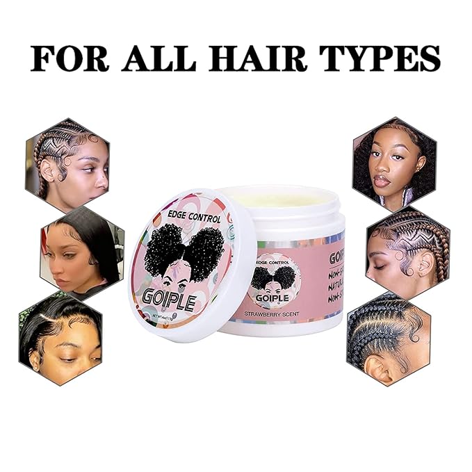 Goiple Edge Control Wax for Women Strong Hold Non-greasy Edge Smoother Strawberry Scent (4oz Edge Control Wax + Edge Brushes*2 + Pink Elastic Bands*2)