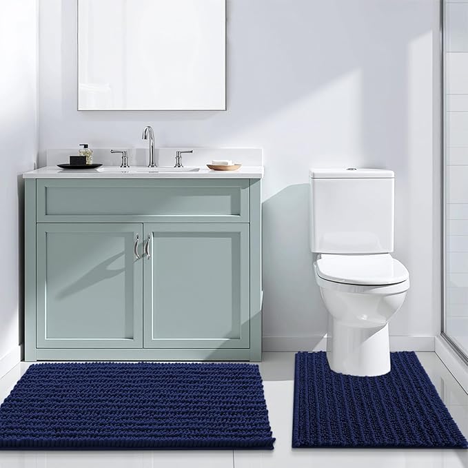 Arotive Luxury Chenille Bathroom Rug Mat, Extra Soft Thick Absorbent Shaggy Bath Rugs, Non-Slip Machine Wash Dry, Plush Bath Mats for Bathroom, Shower and Tub, 54x24, Navy