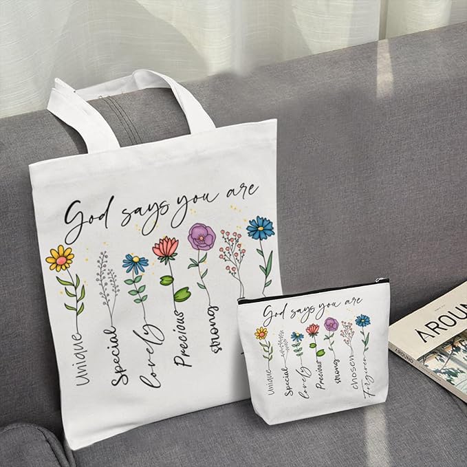 2 Pack Christian Bible Canvas Tote Bag for Women with Makeup Bag Gods Says You Are Bags Floral Tote Bag Aesthetic