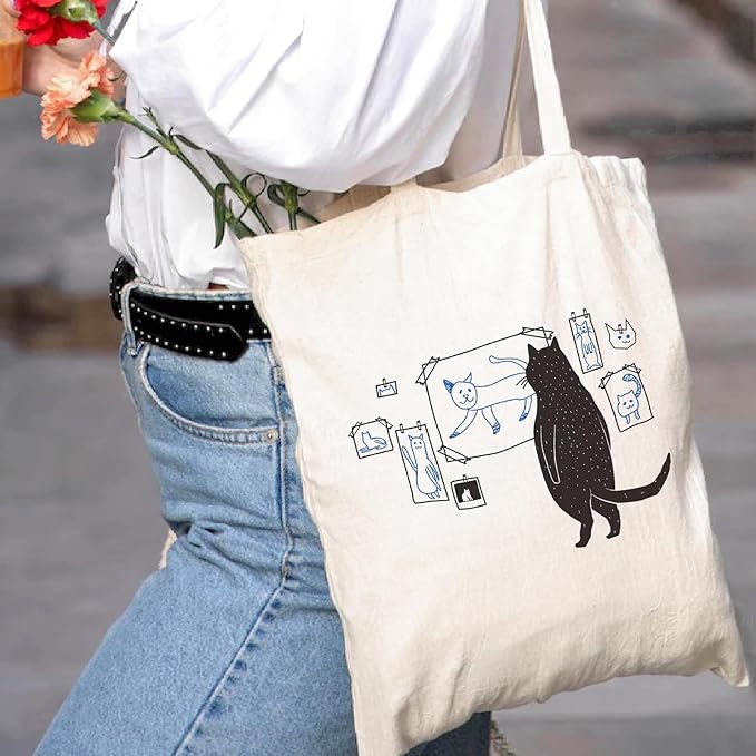 Cute Cat Tote Bag Aesthetic Funny Cats Tote Bag Cotton Canvas Bag for Women Gift Bag Reusable Grocery Bag Beach Bag
