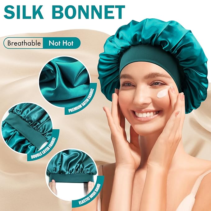 Satin Silk Bonnet for Sleeping, Double Layer Silk Sleep Cap for Men & Women, Soft Satin Lined Bonnet for Natural & Curly Hair(Blue Zircon)