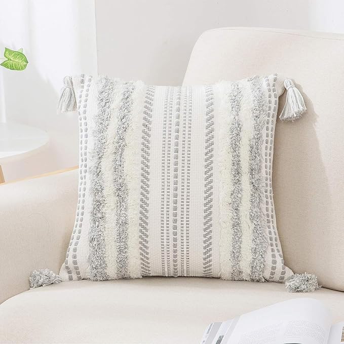 decorUhome Decorative Boho Throw Pillow Cover 18x18, Accent Neutral Textured Tufted Pillow Cover Striped for Couch Bed Sofa, Grey and Cream White, Pack of 1