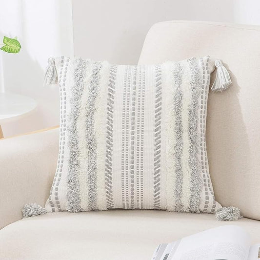 decorUhome Decorative Boho Throw Pillow Cover 20x20, Accent Neutral Textured Tufted Pillow Cover Striped for Couch Bed Sofa, Grey and Cream White, Pack of 1