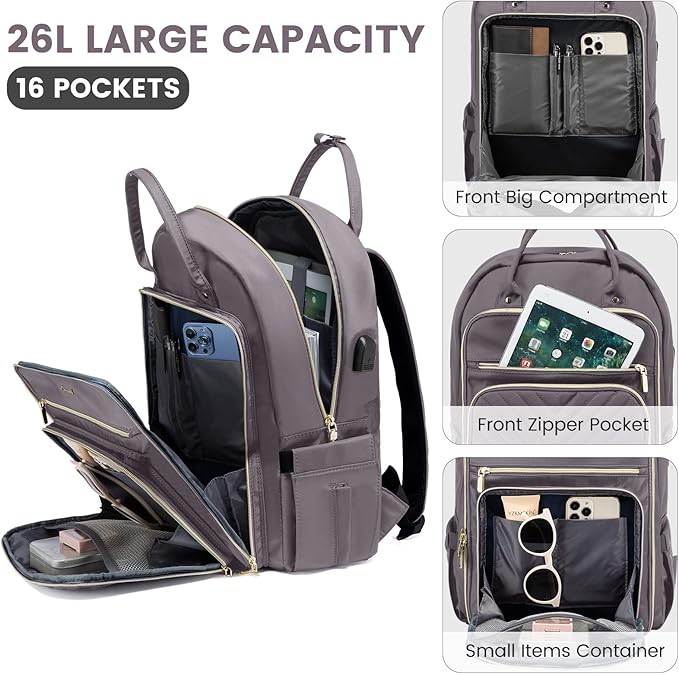 LOVEVOOK Womens Backpack,15.6 Inch Laptop Backpack for Work Travel, Large Capacity Work Backpack for Teacher Nurse, Computer Bag with USB Charging Port.Grey Purple.