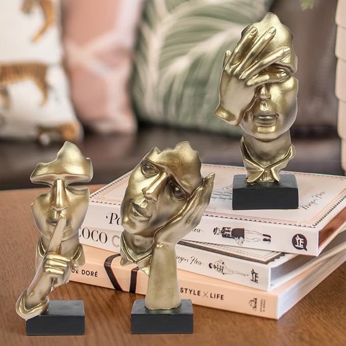 3 Pcs Thinker Statue, Silence is Gold Abstract Art Figurine, No Hear No See No Speak Modern Home Resin Sculptures Decorative Objects Decor for Home Office Bookshelf Desktop(Gold), A-41