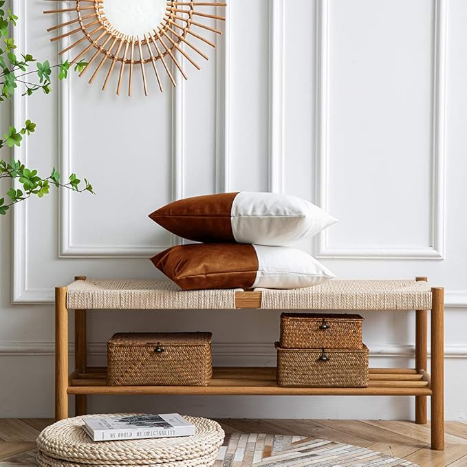 DEZENE Leather Throw Pillow Covers, Set of 2 Modern Leather/Cotton Decorative Pillowcases for Home Decor Bedroom Living Room Couch Bed Sofa, 12x20 Inch, Cognac-Brown and White