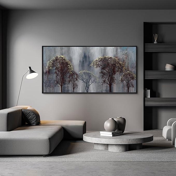 KLAKLA Living Room Wall Art - Black and White Wall Decor Large Picture Landscape Black and Gold Tree Artwork for Walls Frame Canvas Bedroom Office Home Decor 48x24 Inches