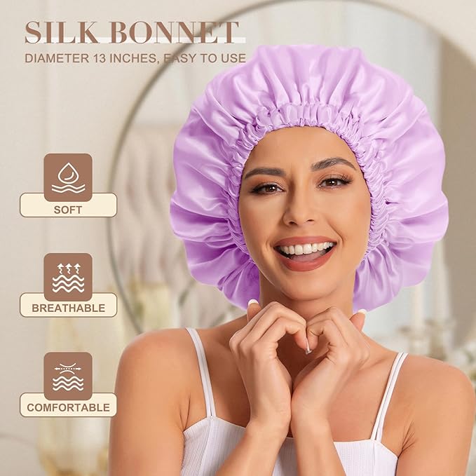 Satin Bonnet Silk Bonnet Hair Bonnet for Sleeping-Slouchy Beanie Hat Satin Sleep Cap for Women's Natural & Curly Hair(Light Purple)