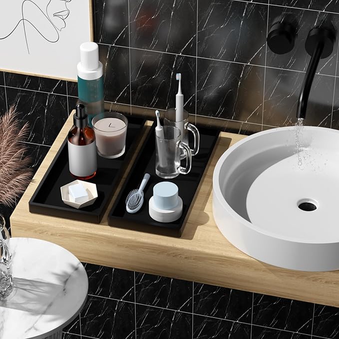 BBK Bathroom Vanity Tray 11.8 in- 2 Pack(Large) Silicone Bathroom Tray for Counter, Perfume Key Trinket Ring Tray, Decor Soap Dispenser Countertop Tray for Kitchen Sink Organization (Black)