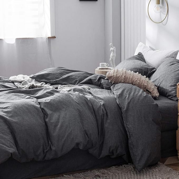 MooMee Bedding Duvet Cover Set 100% Washed Cotton Linen Like Textured Breathable Durable Soft Comfy (Heathered Dark Grey, Palatial King/Oversized King 120"x98")