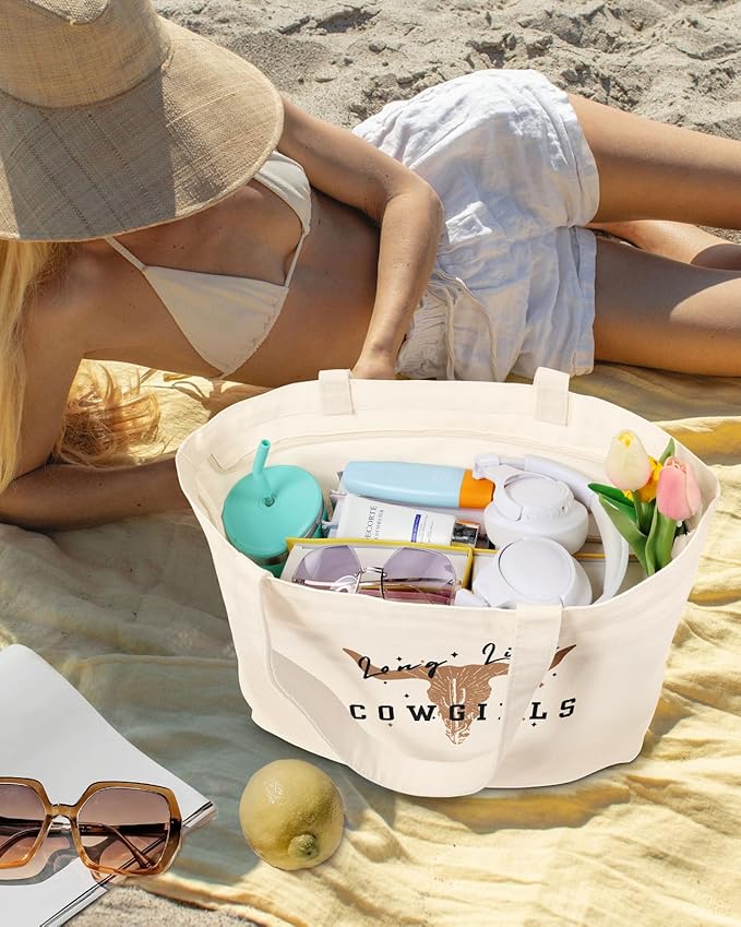 Large Tote Bag for Women - Canvas Tote Bag with Zipper Aesthetic Reusable Shoulder Bag for Gym, Travel, Work