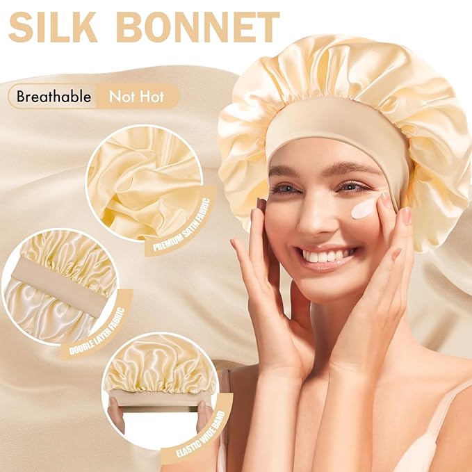 Satin Silk Bonnet for Sleeping, Double Layer Silk Sleep Cap for Men & Women, Soft Satin Lined Bonnet for Natural & Curly Hair(Champagne)