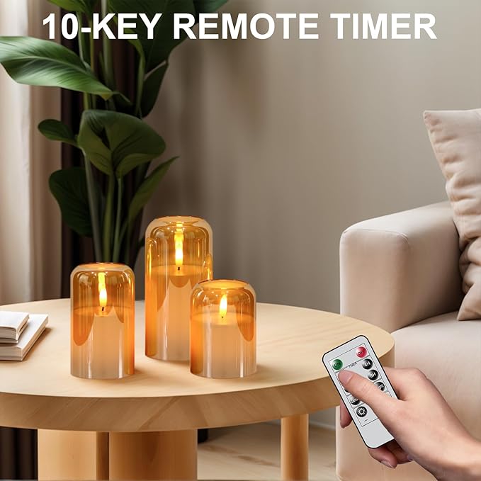 GenSwin Glass Gold Flameless Candles with Remote Timer, Battery Operated Candles with Flickering Flame, Glass and Real Wax LED Pillar Candle for Halloween Christmas Home Decor(Set of 3, D3”x4”5”6”)