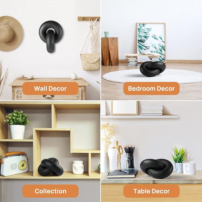 Wood Chain Decor, 2-Link Decorative Chain Hand Carved Boho Wood Knot Decor for Bookshelf Desk Living Room Coffee Table Farmhouse Ornament (Black)