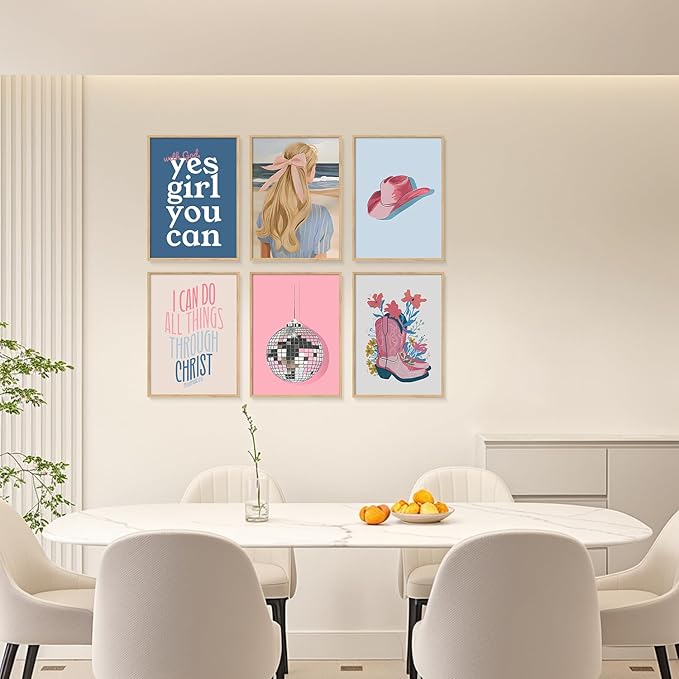 6 Pcs Christian Girly Wall Art Coastal Cowgirl Poster Vintage Beachy Canvas Prints Clean Girl Aesthetic Painting Granddaughter Room Decor Preppy Trendy Picture for Dorm 8X10Inch