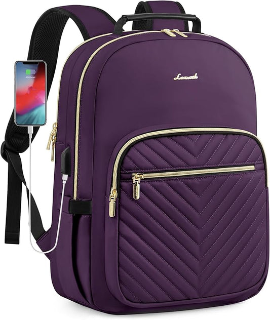LOVEVOOK Laptop Backpack Purse for Women, Work Travel Computer Bags, College School Backpack for Student Girl, Quilted Casual Daypack with USB Port, Fit 15.6 Inch Laptop, Deep Plum