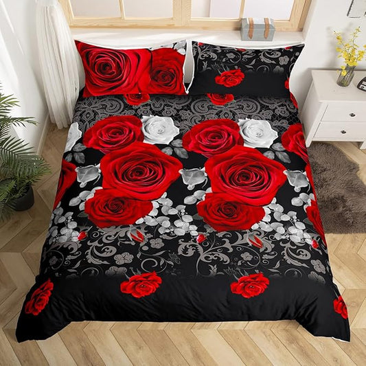 Red and White Rose Bedding Set Twin Size,Valentine's Day Present Duvet Cover Romantic Floral Bed Comforter Cover Set for Kids Boys Girls,Lace Pattern Bedding Quilt Cover Set Decorative 2 Piece