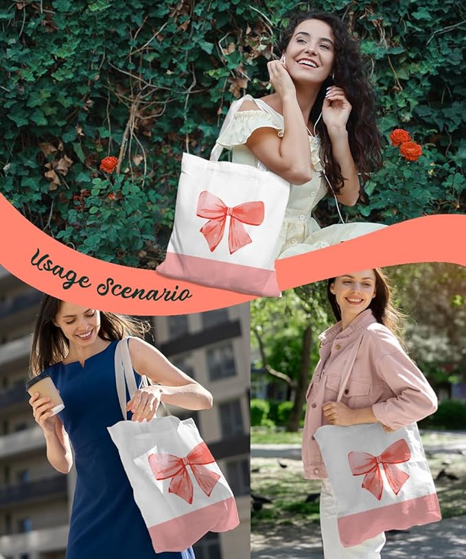 Coquette Pink Bow Preppy Canvas Tote Bag for Women Teens Teen Girls, Pink Bow Girls Tote Bag, Coquette Gifts