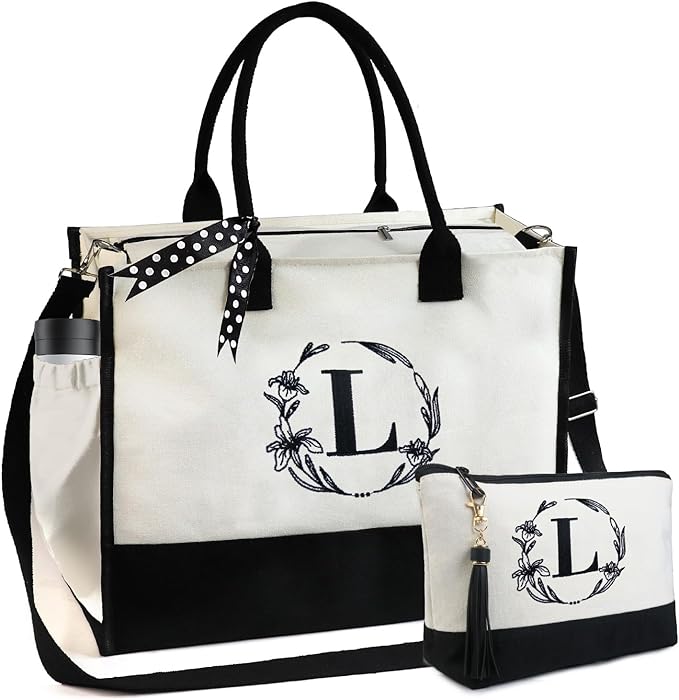 BeeGreen Embroidery Monogram Initial Tote Bag for Women Teacher Mom Friend Personalized Gift for Birthday Beach Work Wedding