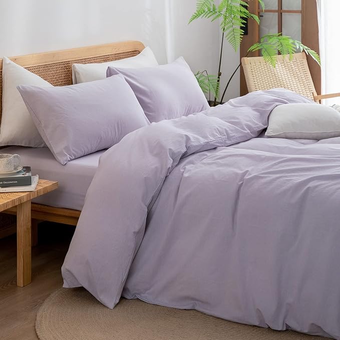 BESTOUCH Duvet Cover Set 100% Washed Cotton Linen Feel Super Soft Comfortable Chic Lightweight 2 PCs Home Bedding Set Solid Taro Purple Twin/Twin XL