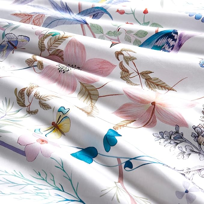 mixinni Queen Size Duvet Cover Purple Flowers Bird Bedding Sets Shabby Chic Boho Long-Staple Cotton Duvet Cover Set with Zipper Ties 1 Duvet Cover+2 Pillowcases, Ultra Soft, Breathable-Queen Size