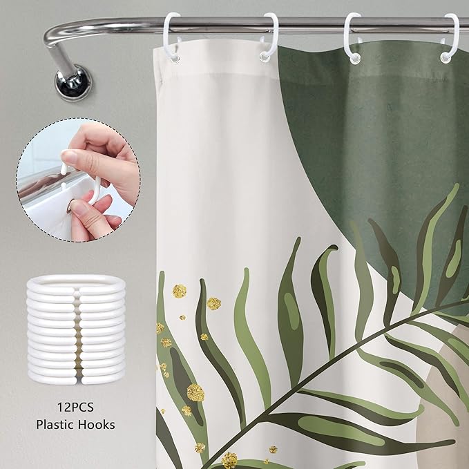 Green Boho Shower Curtain Extra Long Modern Abstract Bohemian Green Gold Minimalist Leaves Mid Century Arch Bathroom Decor Geometric Plant 72Wx84H Bath Curtain Fabric Polyester 12 Pack Hooks