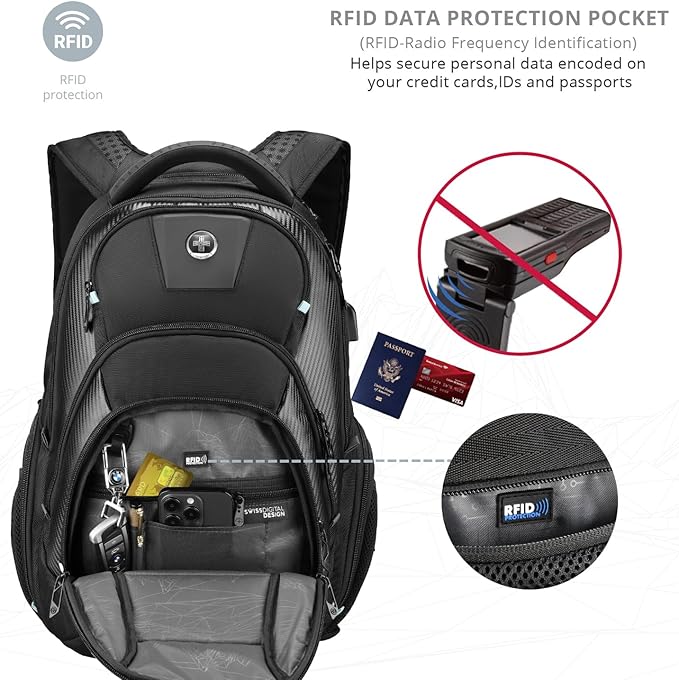 Swissdigital Design Men's 17 Inch Laptop Backpack with Apple Find My Network and USB Charging Port, Large Capacity Business Travel Backpack for College and Business | SD1643FB-01