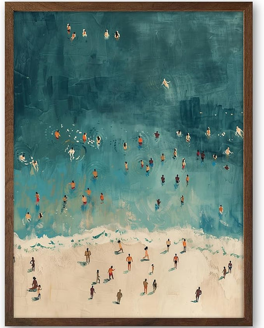iHery Natural OAK Wood Walnut Color Framed Wall Art, 12x16 in Fashion Summer Tiny People Swimming In Ocean Canvas Wall Decor, Minimalist Beach Air For Bedroom Bathroom Living Room 1Pack