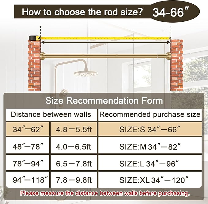 YNL Tension Shower Curtain Rod 34-66 Inch, Adjustable Spring Tension Curtain Rod No Drilling, Non-Slip, Never Rust, Stainless Steel, for Small Window Laundry Door Entryway, Gold